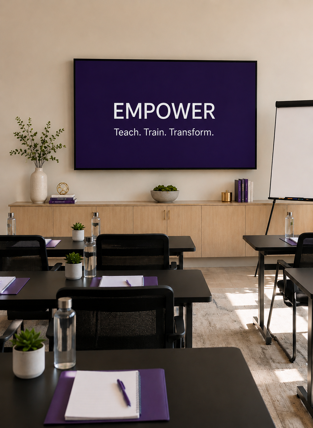 A conference room with black tables and chairs arranged facing a large screen that reads 'EMPOWER Teach. Train. Transform.' on a purple background. The room has a wooden cabinet with decorative items, plants, and water bottles on the tables.