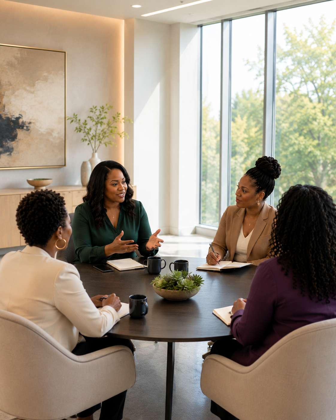 A group of women having a business meeting in a modern conference room with large windows and natural light.