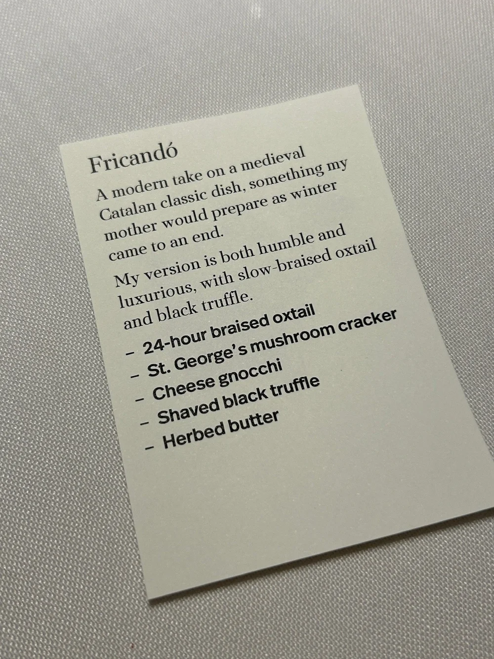 Fricano menu card Cinc Sentits Barcelona back