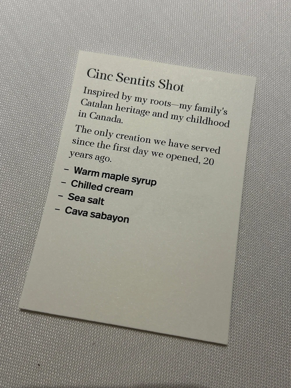 Cinc Sentits Barcelona Maple Syrup Shot Menu Card Back
