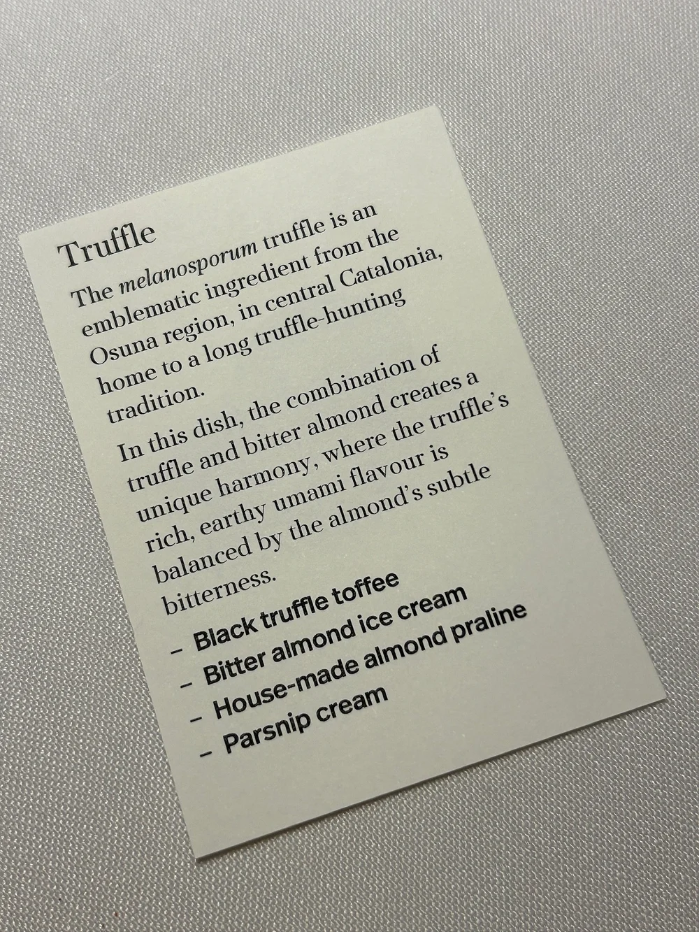 Cinc Sentits Barcelona Truffle Menu Card Back