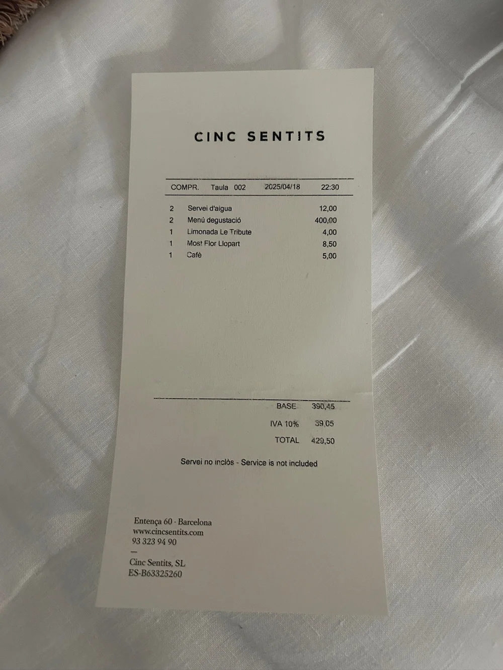 Cinc Sentits Barcelona Receipt