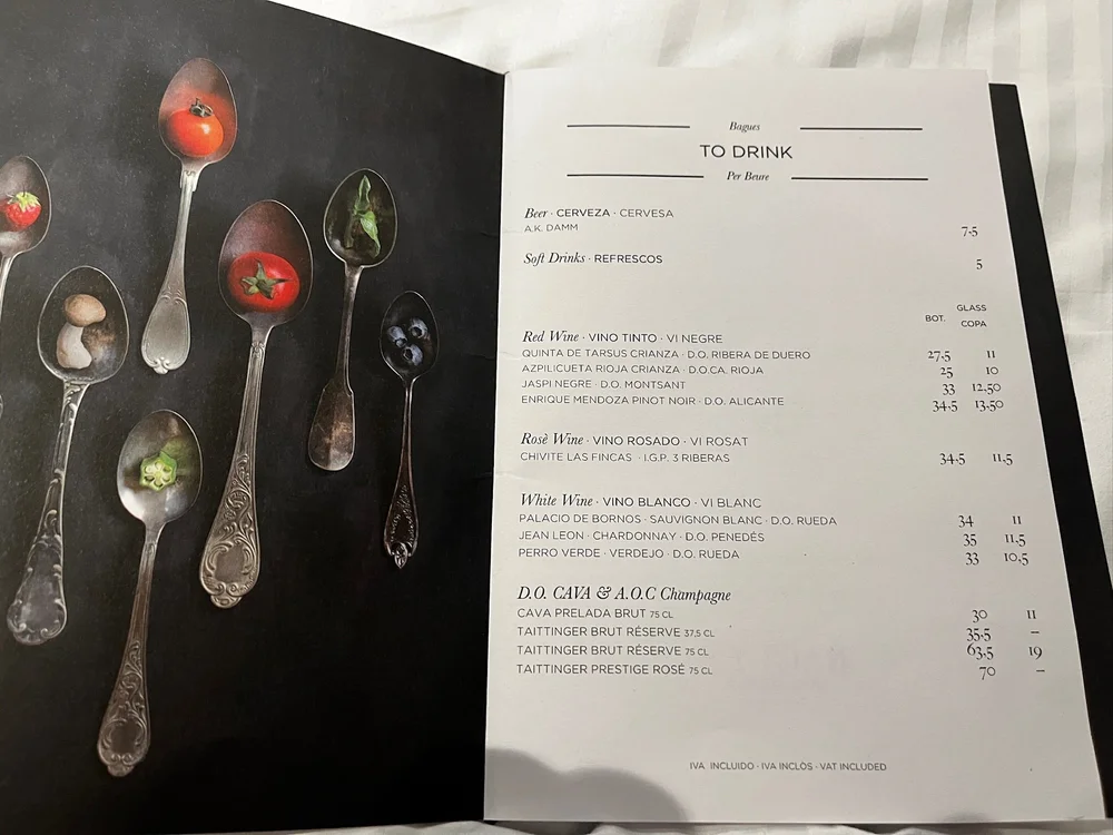 Room service wine menu Hotel Bagues Barcelona
