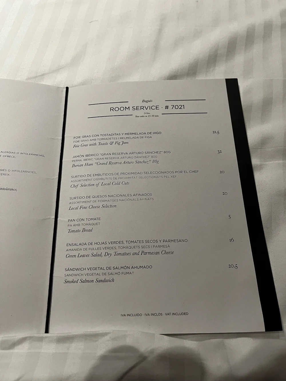 Food menu room service Hotel Bagues Barcelona