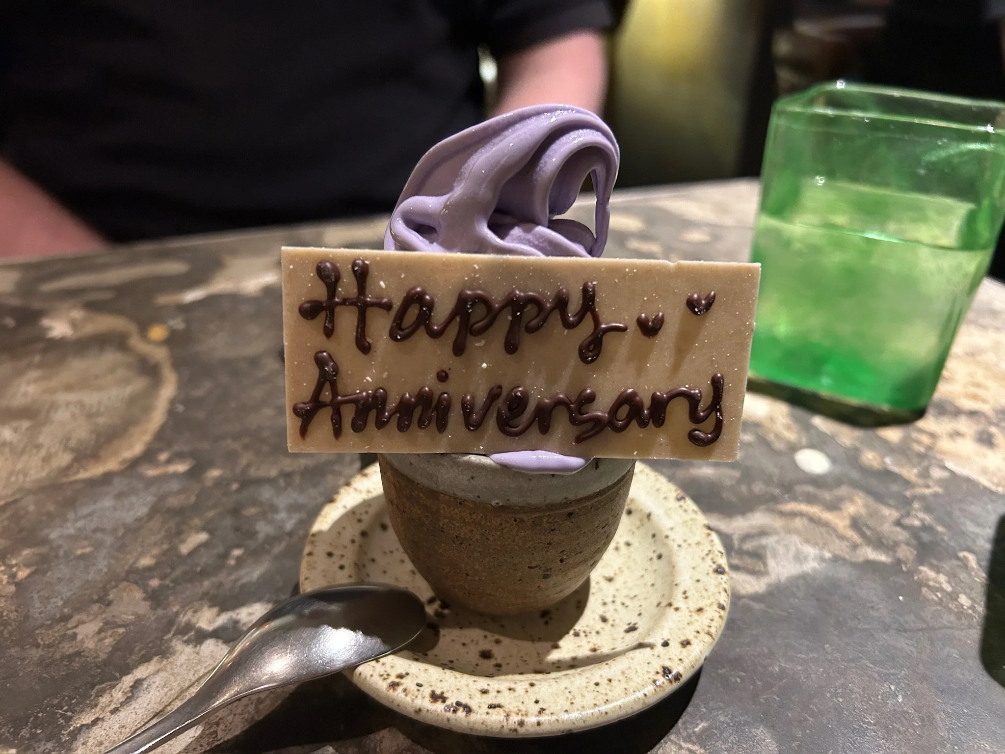 Dessert ice cream at Cafe Utu with "Happy Anniversary" sign.