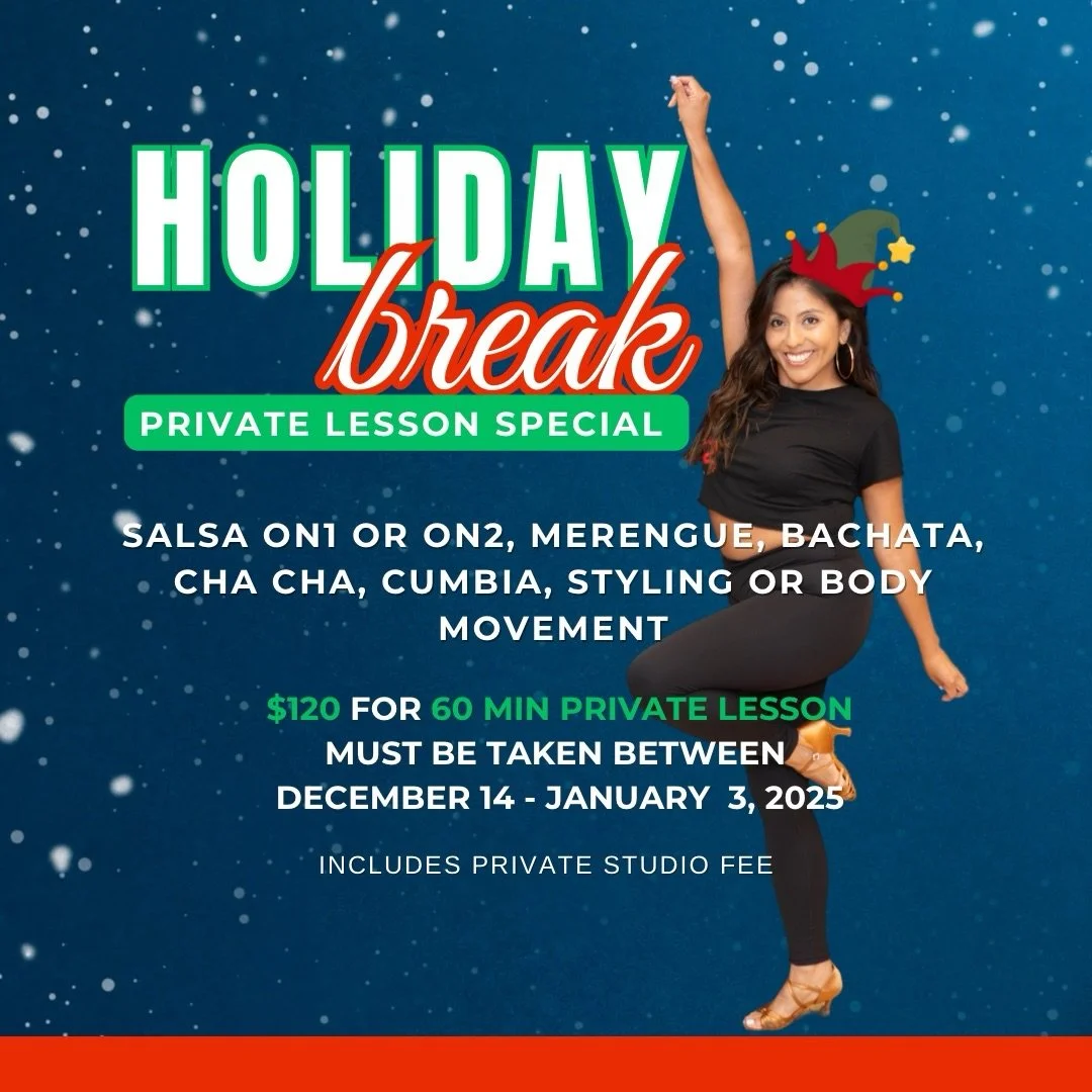 🥳🎄Get your privates in this month!
Nancy Bo, Andrea Use and Iian are available for private lessons this holiday season.

Choose from Salsa, Bachata, merengue y m&aacute;s!
Lesson is good for up to two people.
Must be taken within allotted time fram