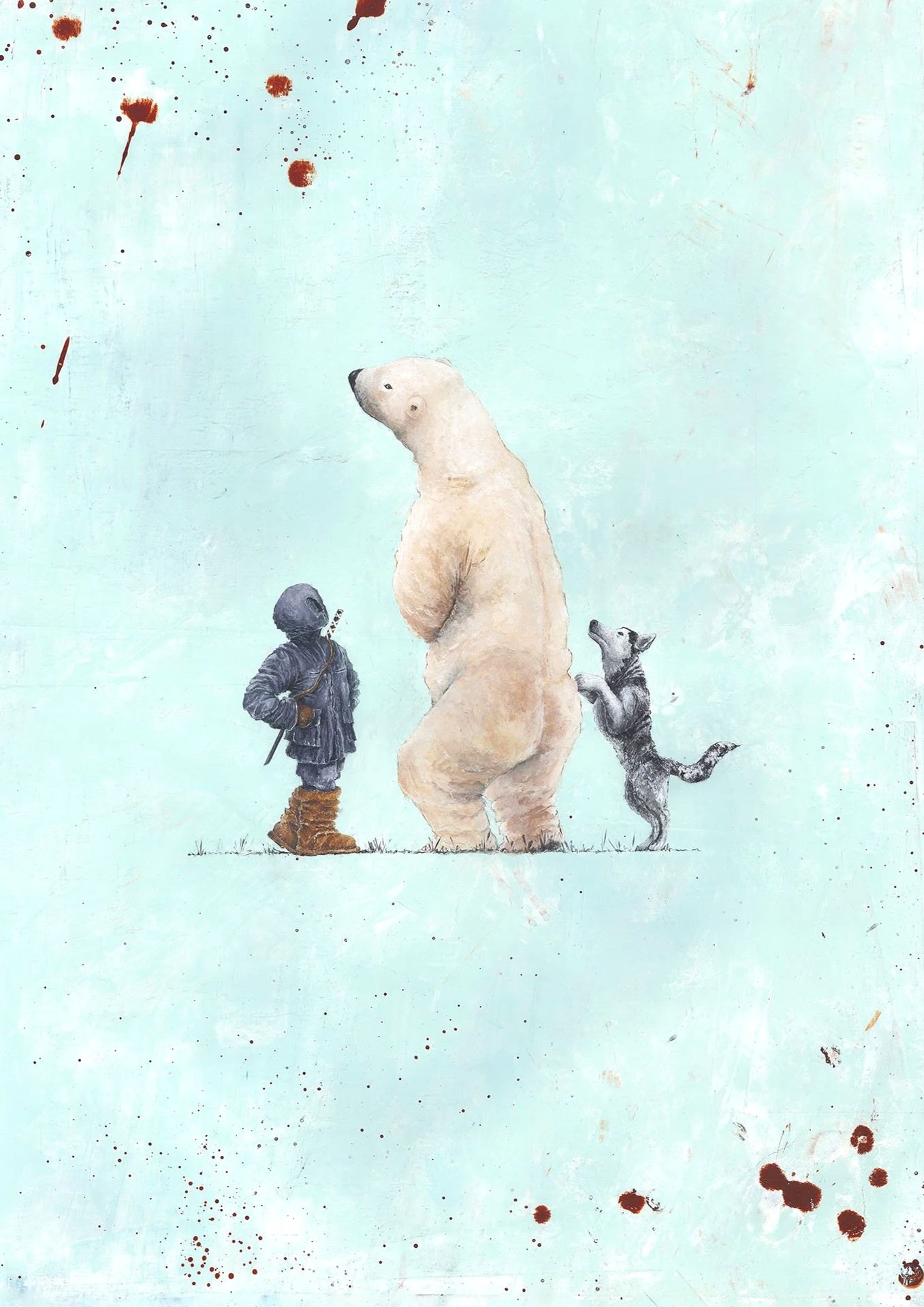 Painting of a polar bear standing on its hind legs with a raccoon beside it and a person dressed in winter clothing standing next to the polar bear, all on a light blue background with red paint splatters.