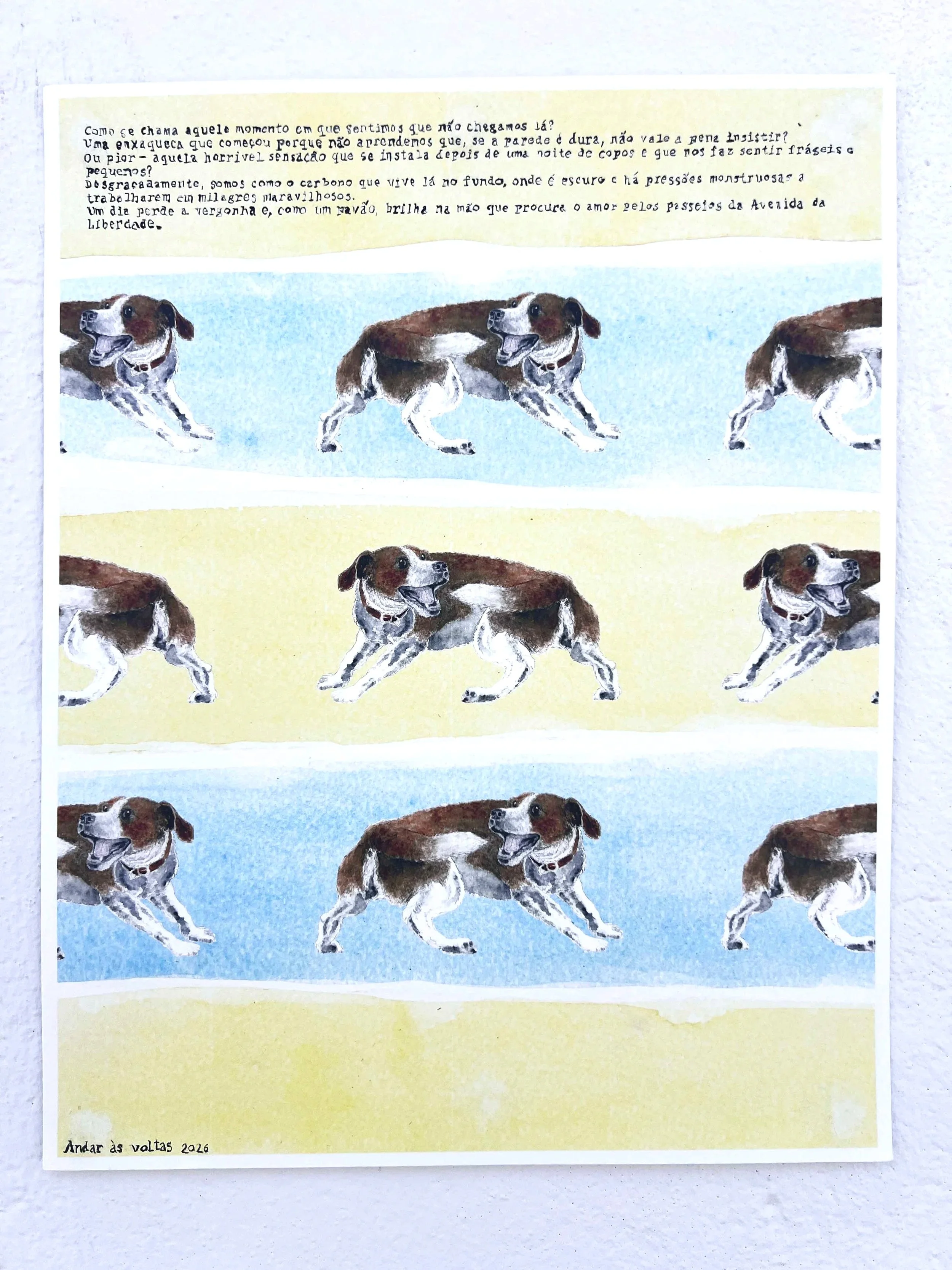 Illustration of a dog running, in multiple positions across yellow and blue backgrounds. Handwritten note at the bottom says 'Andar às voltas 2016'.