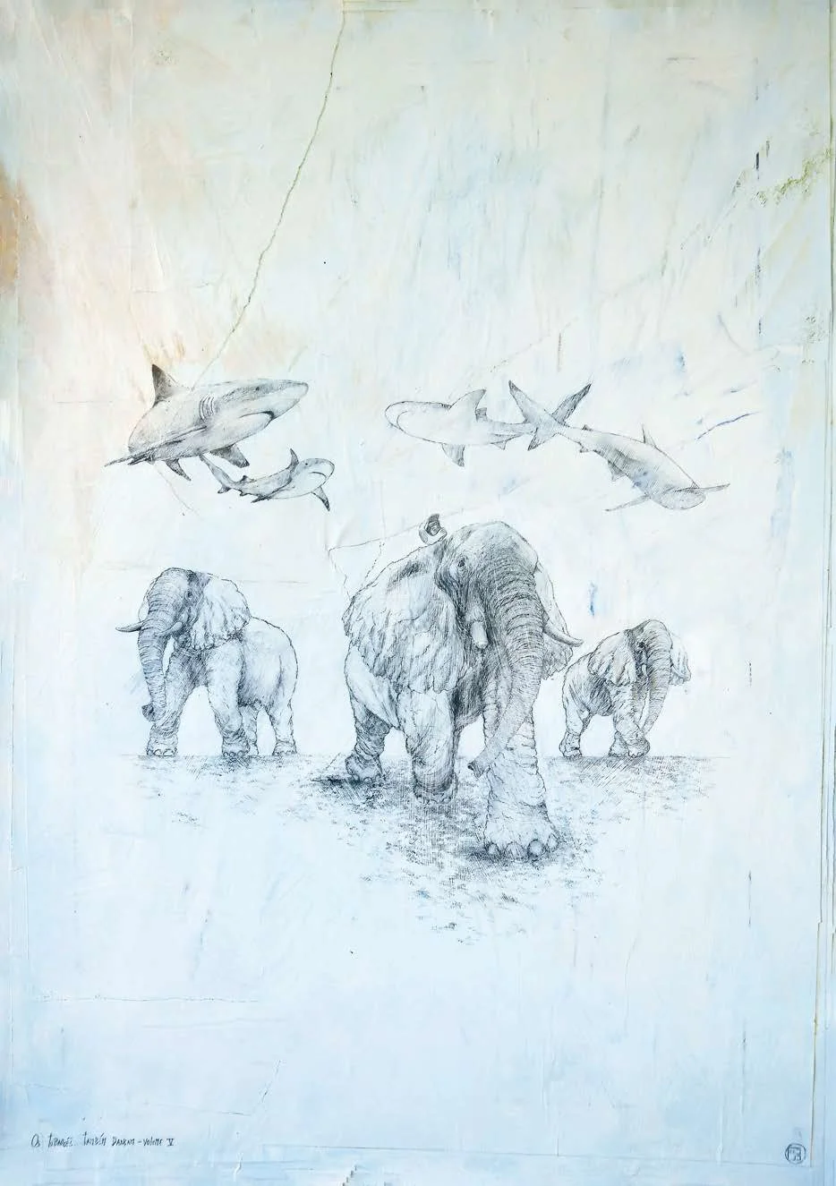 Sketch of a zoo scene featuring three elephants walking on the ground and three sharks swimming in the air above them.