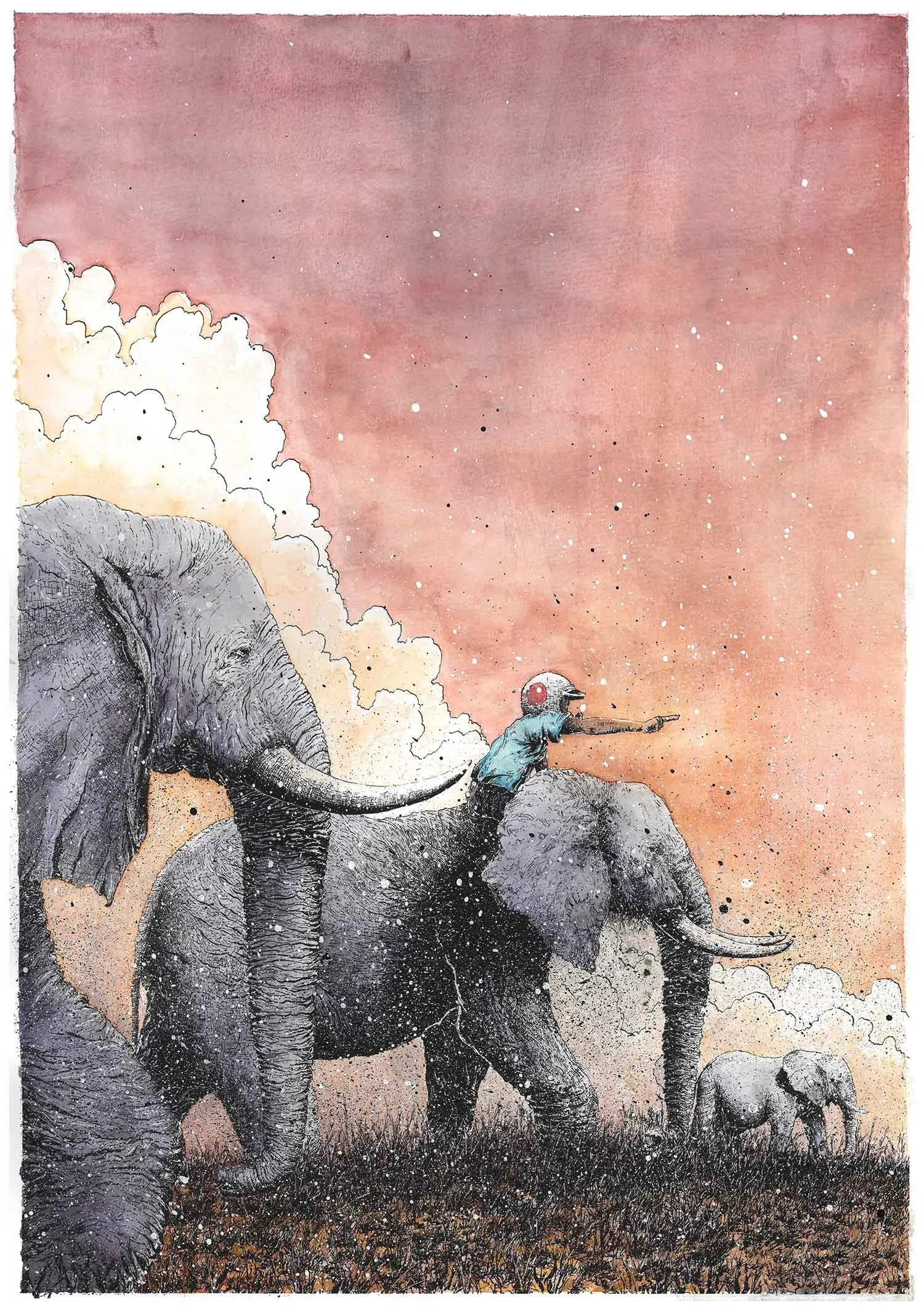 A drawing of an elephant carrying a person with a helmet on its back, pointing forward, with a pink and orange sky in the background and birds flying nearby.