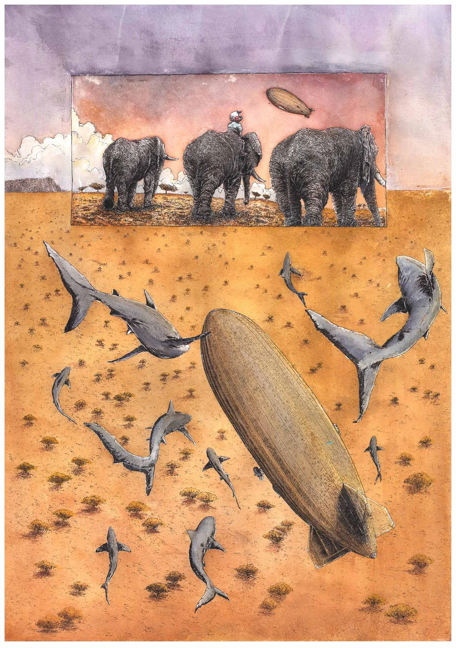 A surreal artwork shows flying sharks surrounding an airship above a desert landscape with elephants in a painting within a painting of elephants and a person riding one, against a colorful sky.