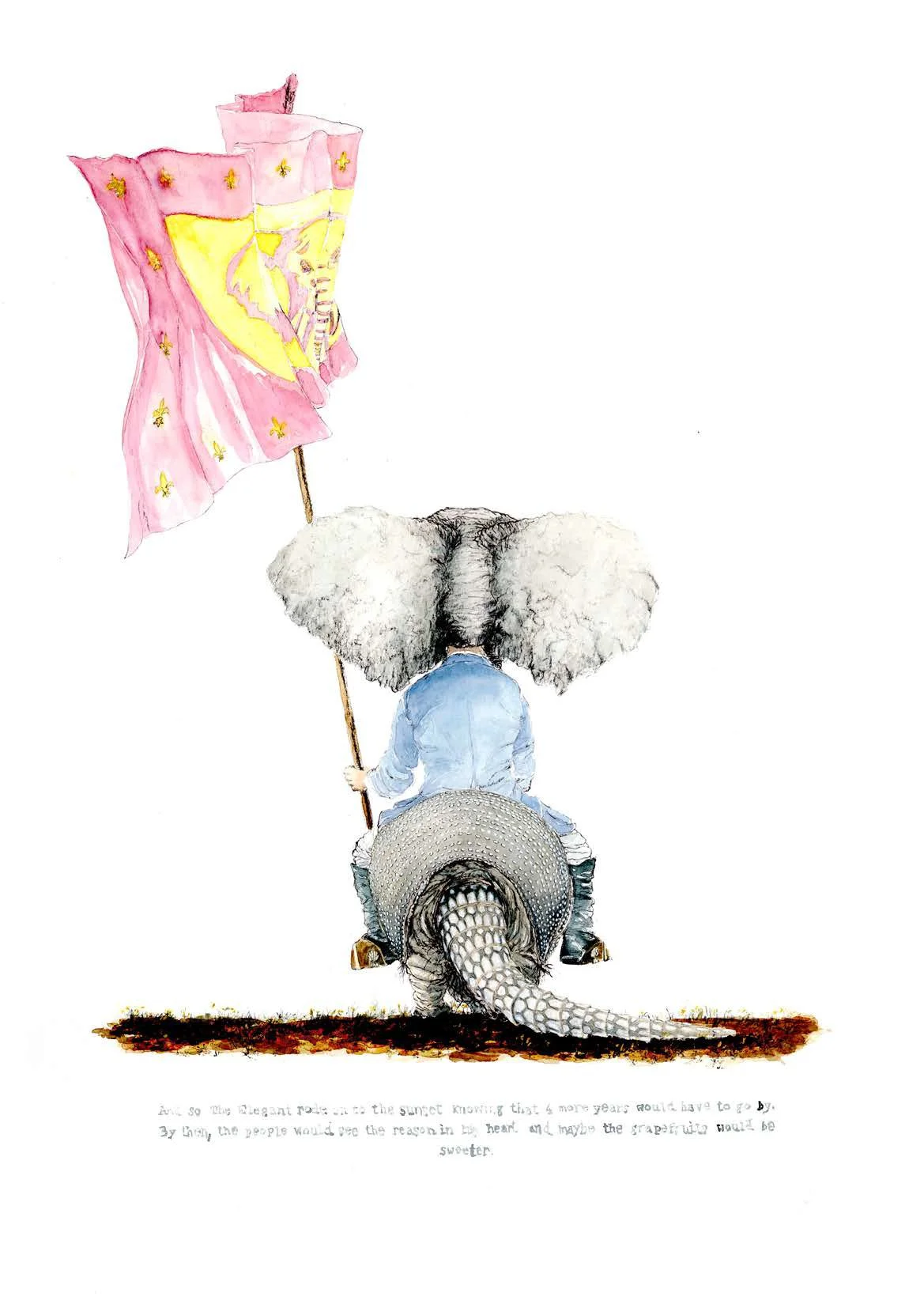 Watercolor illustration of a girl with large gray hair riding a crocodile, holding a pink flag with a lion design and stars.