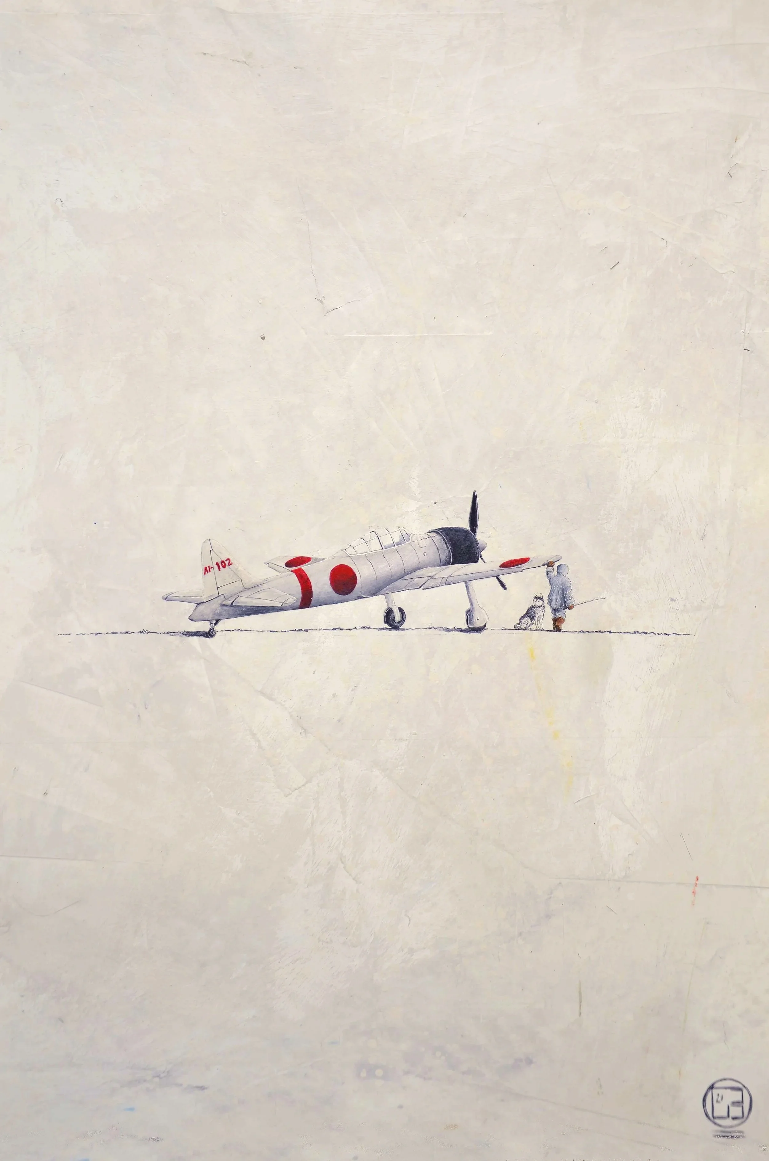 Illustration of a Japanese Zero fighter plane on the ground with a pilot in uniform and a dog beside him, set against a plain background.