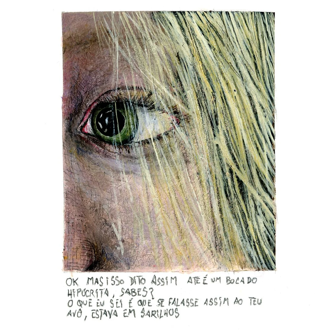 Close-up drawing of a woman's eye with long eyelashes and blonde hair partially covering her face. Handwritten text below the image in Portuguese.