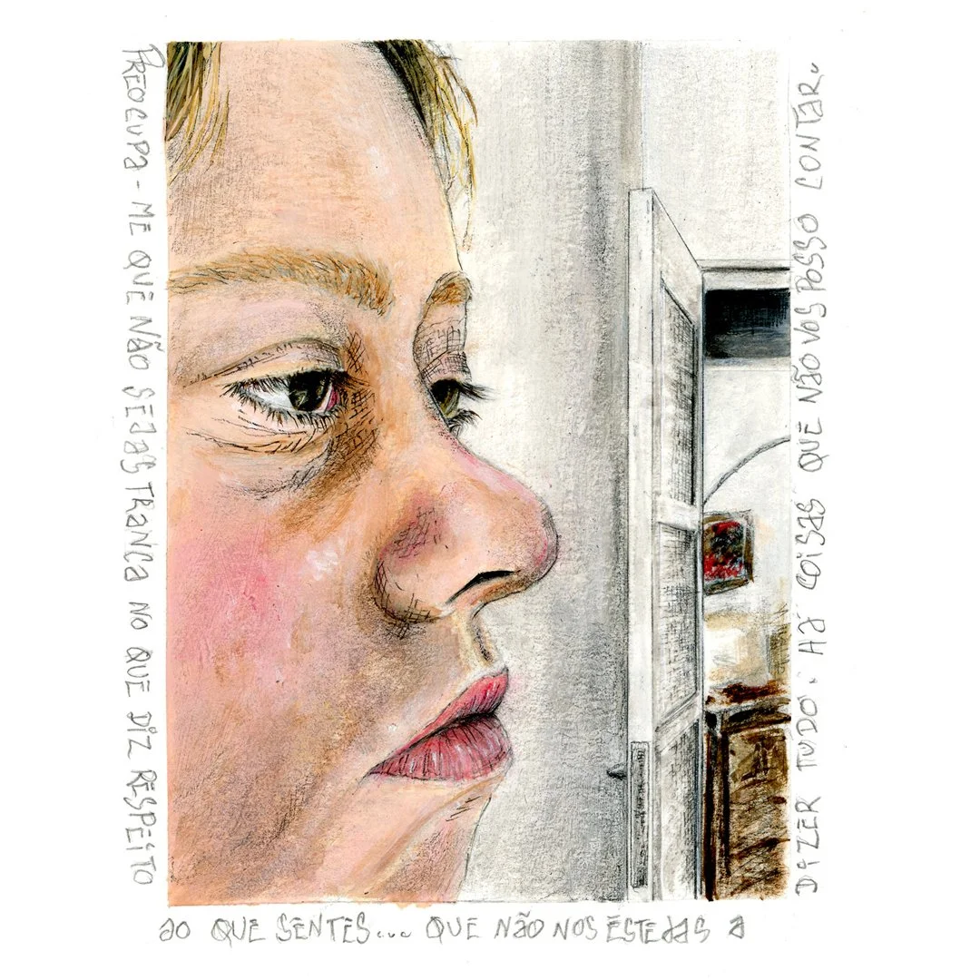 A colored pencil drawing of a young woman with blonde hair looking at a computer monitor.
