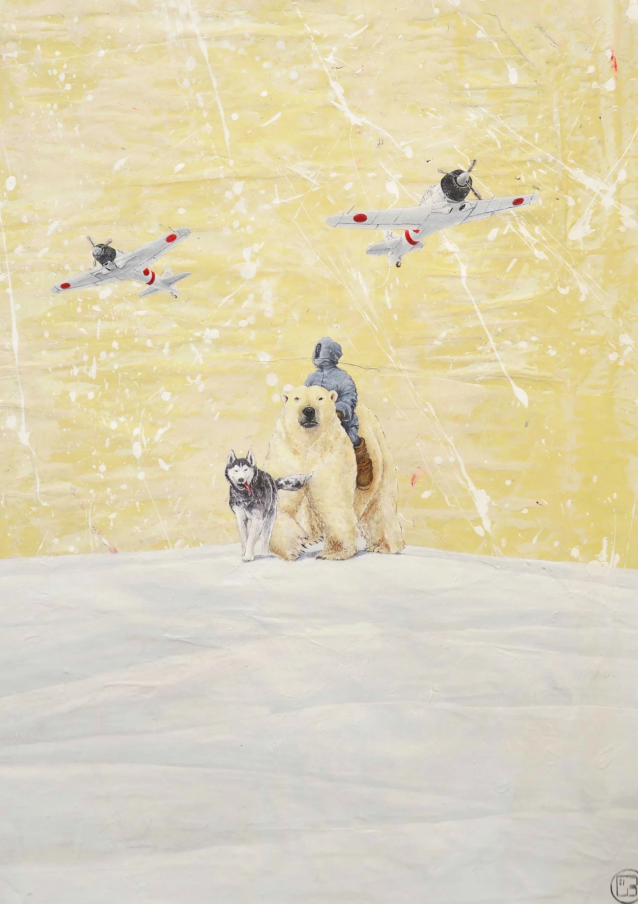 Painting of dogs and a robot in a minimalistic, abstract style with a yellow and white background, featuring two airplanes flying overhead.
