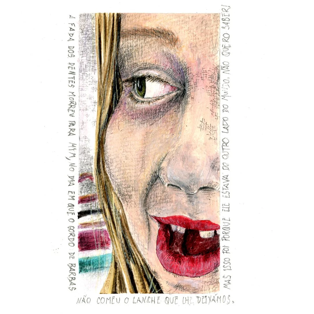 A colorful drawing of a woman's face showing her eye, nose, and red lips, with handwritten text in Portuguese surrounding the image.