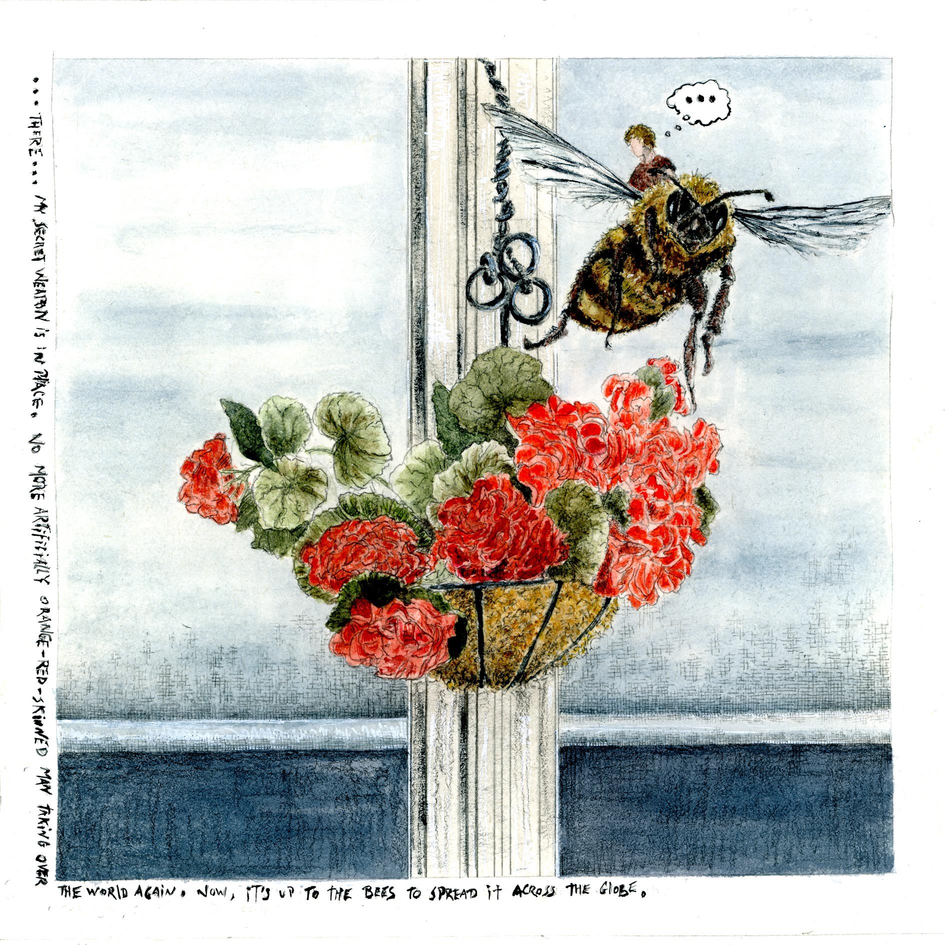 A watercolor painting of a bee on a floral arrangement with greenery and red flowers, next to a person in the background thinking with a cloud-shaped thought bubble and some handwritten text on the left and bottom edges.