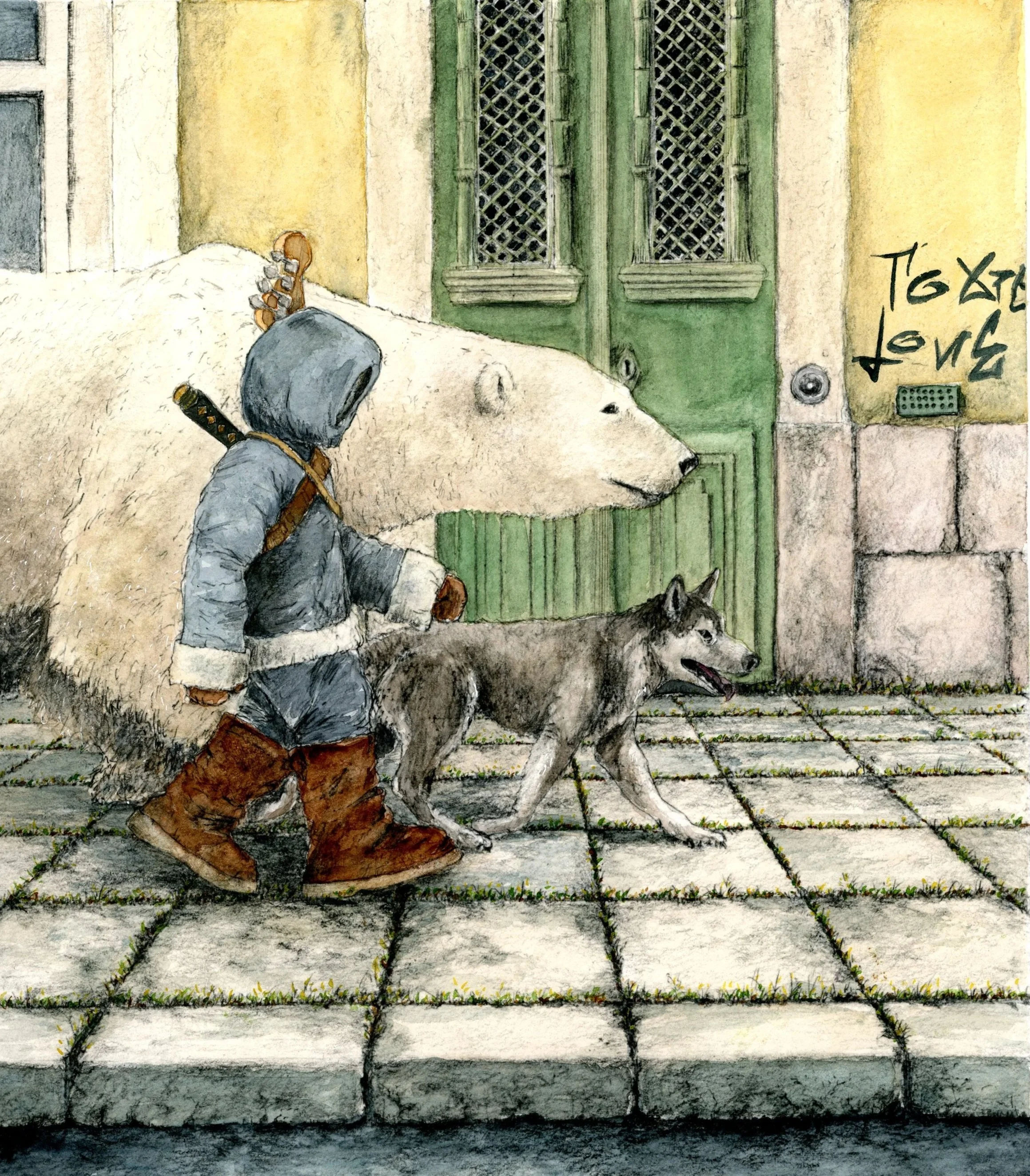 A person wearing a hood and brown boots walking a black and white Siberian Husky dog on a leash in front of a green door with lattice windows. The person is carrying a backpack and holding a leash, with graffiti on the yellow wall to the right.