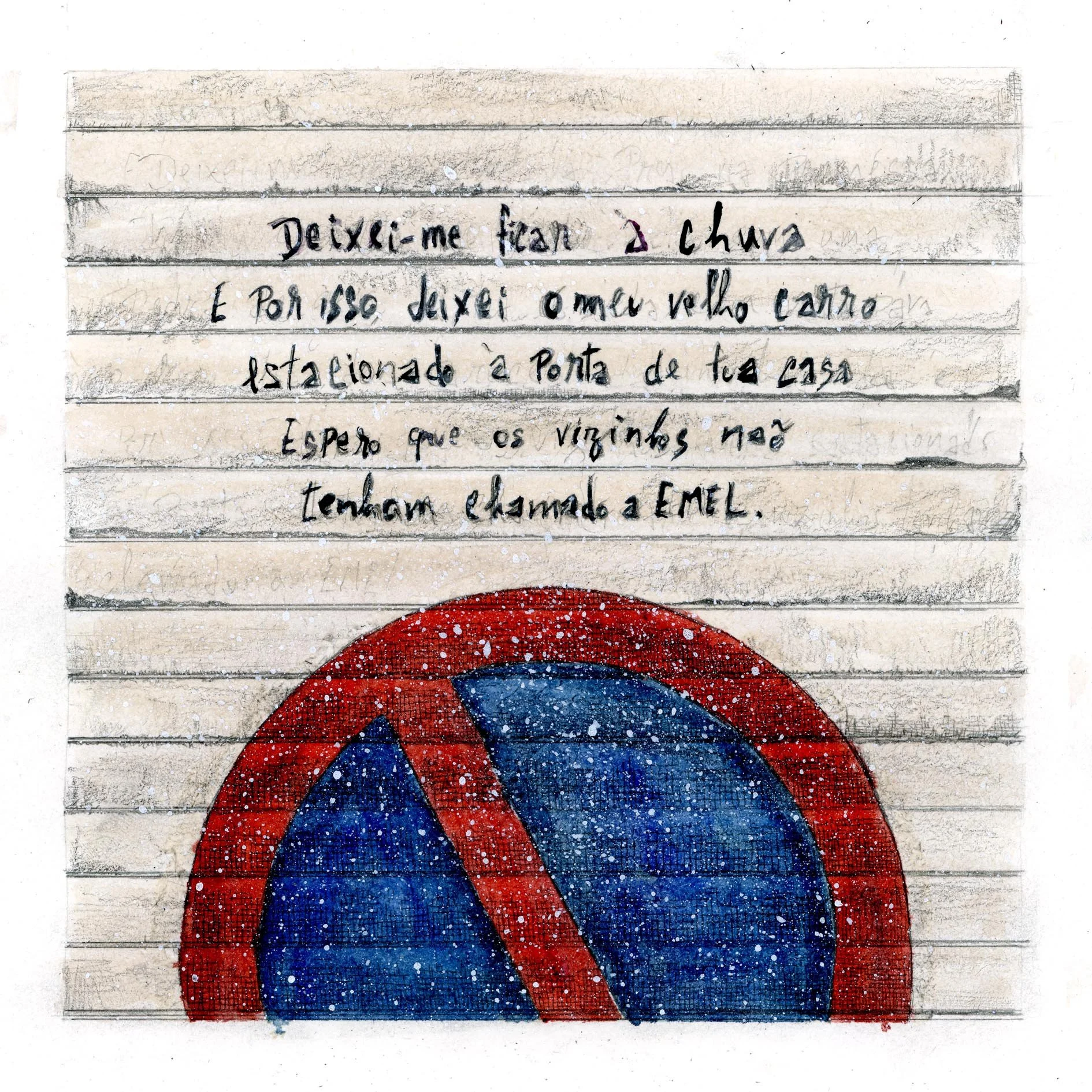 A sketch of a red and blue concentric circle pattern on parchment paper with handwritten text in Portuguese above and below the design.