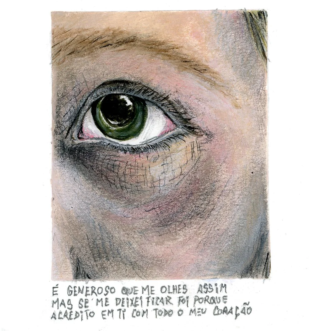 Close-up drawing of a human eye with detailed shading and a handwritten note beneath it in Portuguese.