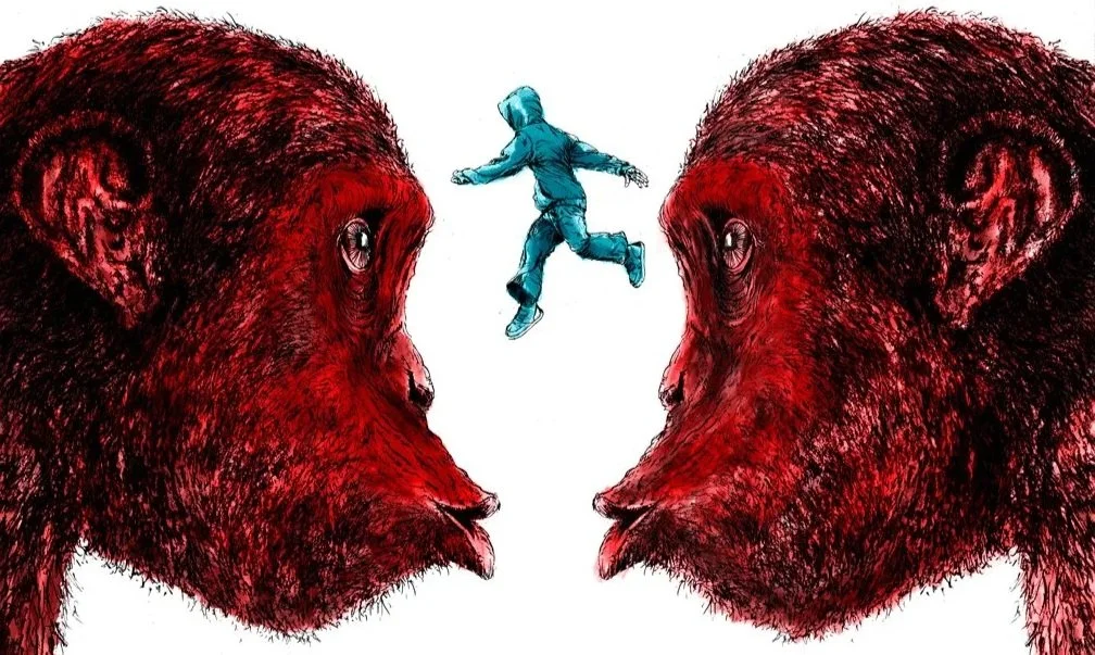 A person in a blue hoodie and jeans appears to be jumping or floating between two large, red, bear-like faces.