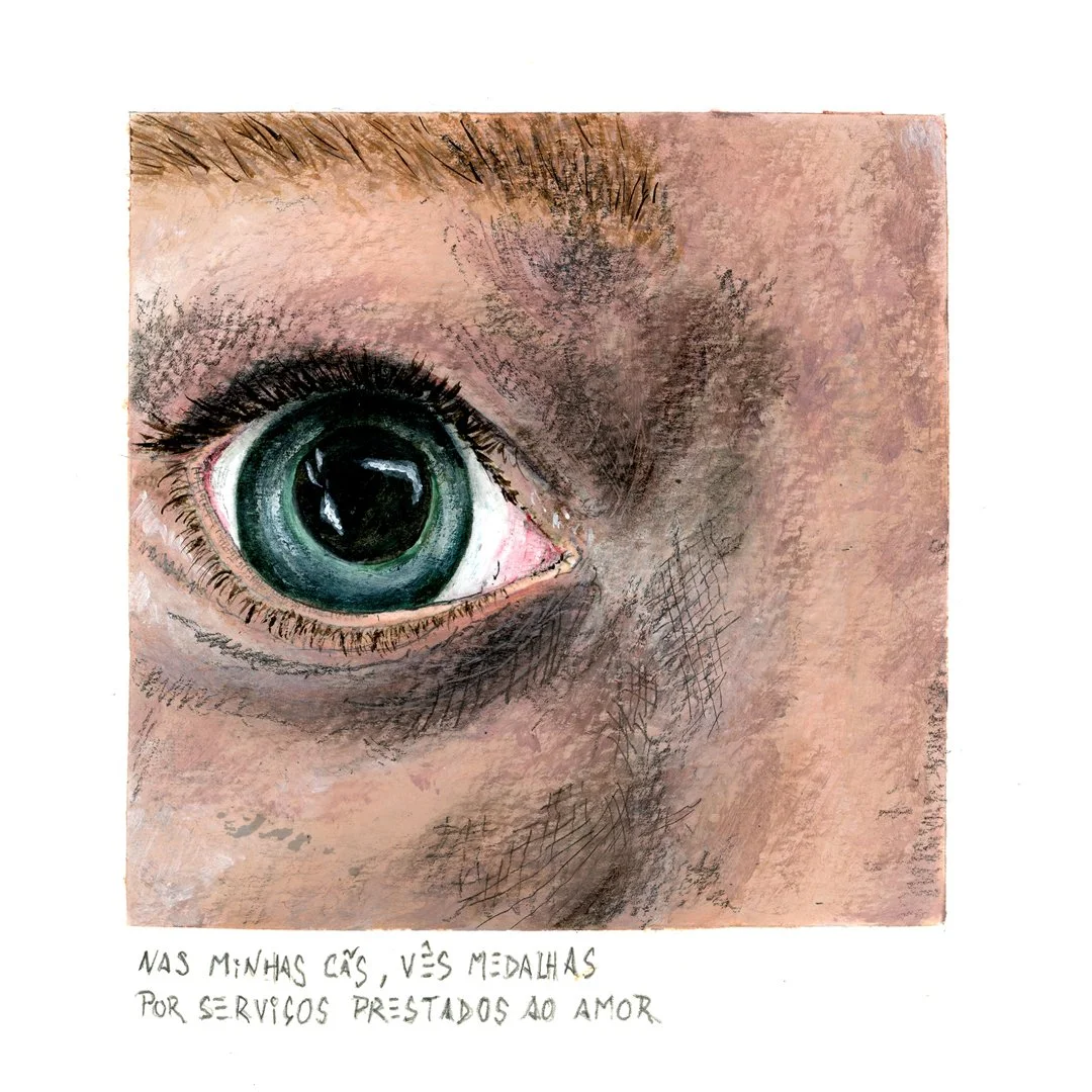 Close-up watercolor illustration of a human eye with detailed eyelashes and skin texture.