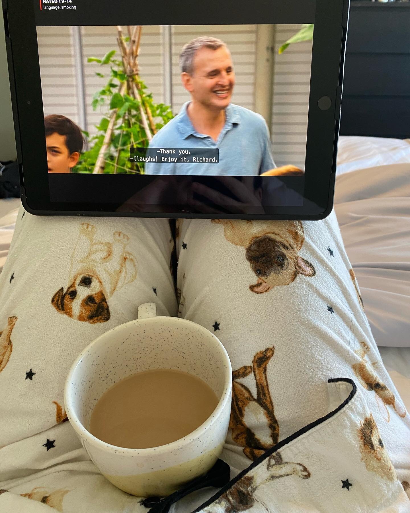 My ideal morning/happy place after a tough week: big mug of heavenly cream, flannel dog pyjamas, and #somebodyfeedphil. 

@sloanetea @pjsalvage @leboudoir_fit @phil.rosenthal
