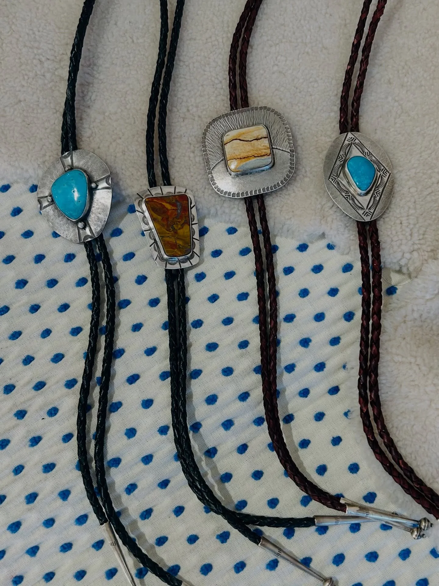 Obsessed with these new JJ Burton bolos. Old Arizona Turquoise, Rare Oregon Kaleidoscope Jasper, Chicken Track Oregon Jasper, and Old Arizona Turquoise.