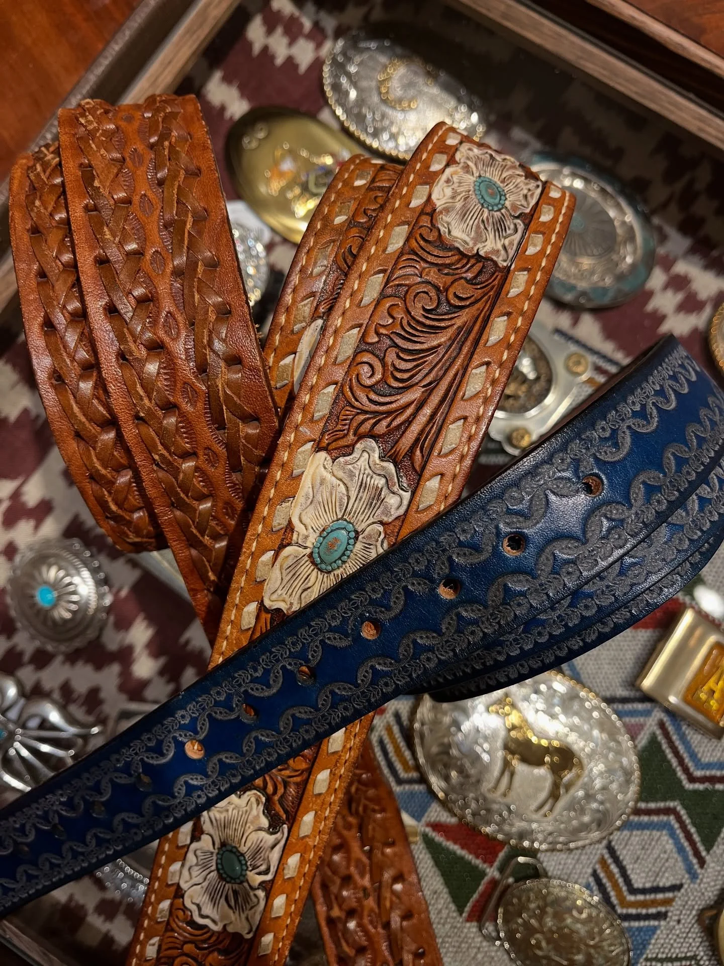 Vintage belt straps to go with the belt buckles. 
Left to right, size 36, 38, 42