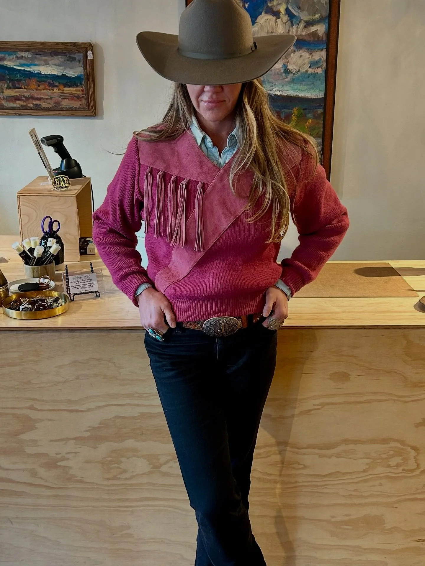 Looka this adorable sweater with suede detail and fringe.&nbsp;&nbsp;Vintage Pioneer Wear sM.
Paired with @JJ Burton rings and @range revolution boots and a classic Pismo @Stetson 
SOLD