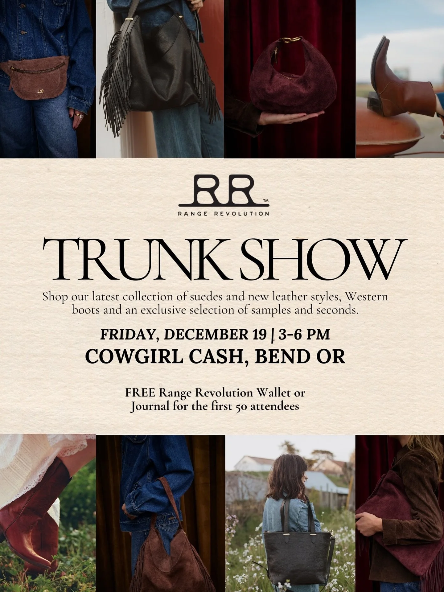 Can't wait to see you there on Friday for the @rangerevolution Trunk Show!  Exclusive selection of Range Revolution bags will be available (and some with major discounts!), plus all sizes of the newly launched boots will be available to try