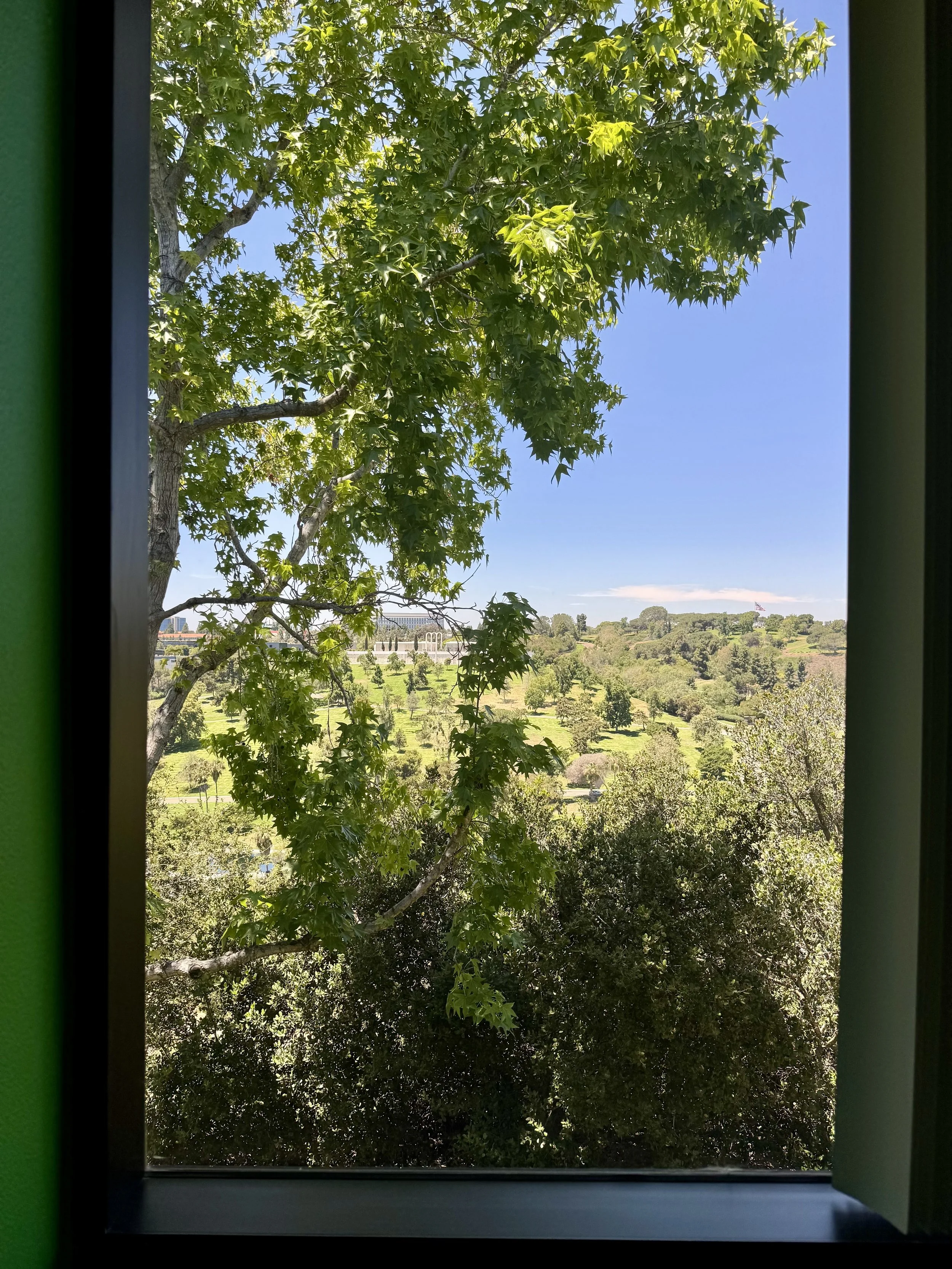 Window view from the Eritus Education college counseling office in San Diego overlooking El Camino Memorial Park