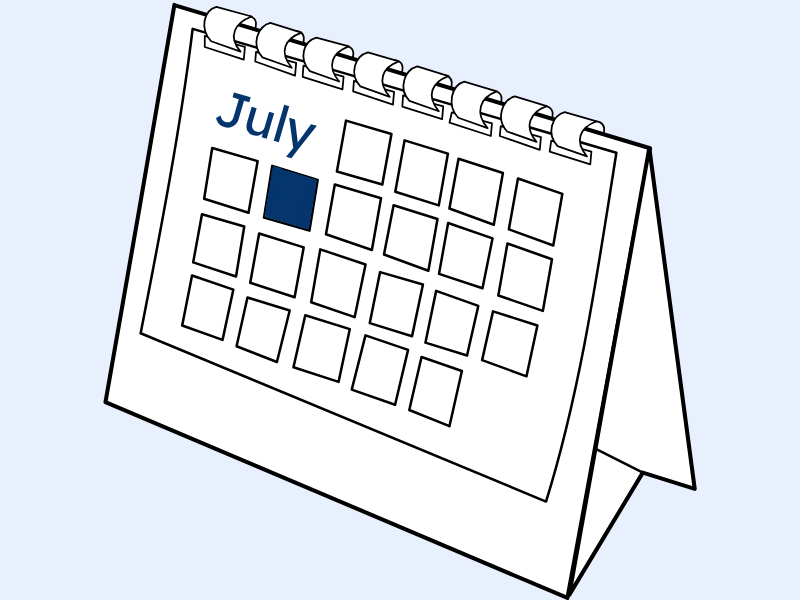 Image showing calendar highlighting July to emphasize what to focus on for college applications