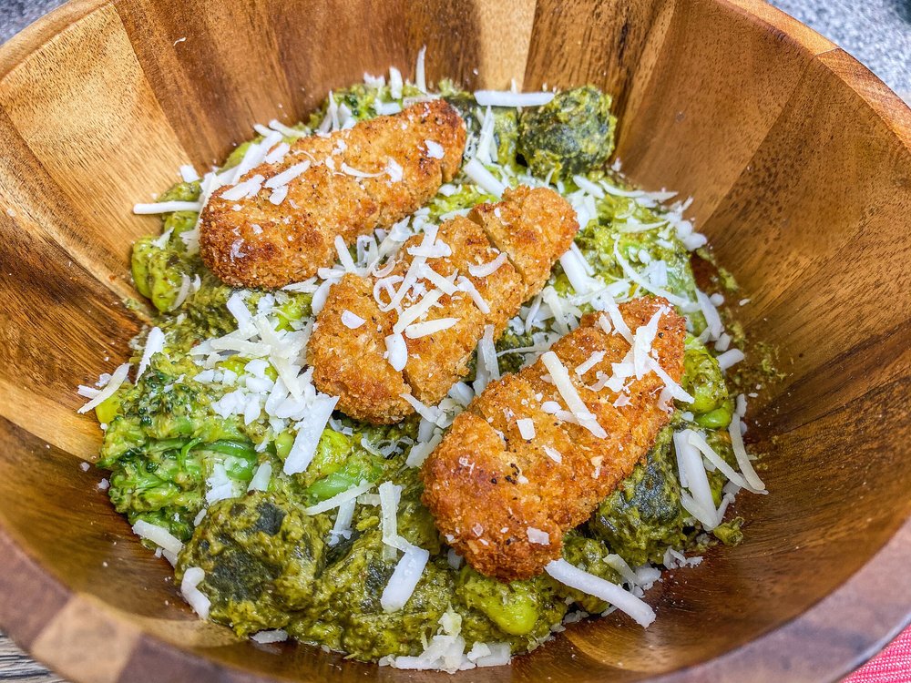 Pesto Kale Gnocchi with Mixed Veggies and Vegan Chicken Nuggets