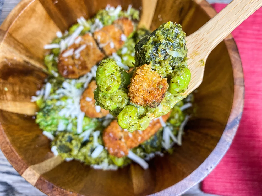 Pesto Kale Gnocchi with Mixed Veggies and Vegan Chicken Nuggets