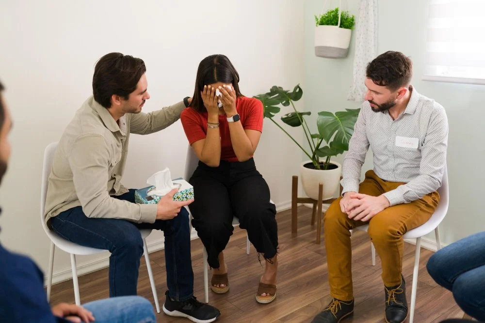 A woman sitting in the middle with her face covered by a tissue, appearing upset, while two men comfort her during a support group meeting in a softly lit room with a plant and window with blinds in the background.