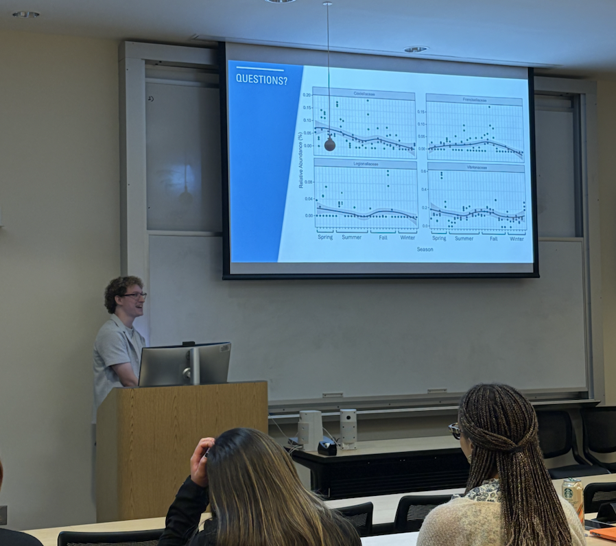 Connor Burk presents his summer REU internship project at Savannah State. He tracked pathogenic bacteria using 16S rRNA sequencing, working under the guidance of Sean Anderson. Connor won best talk! 