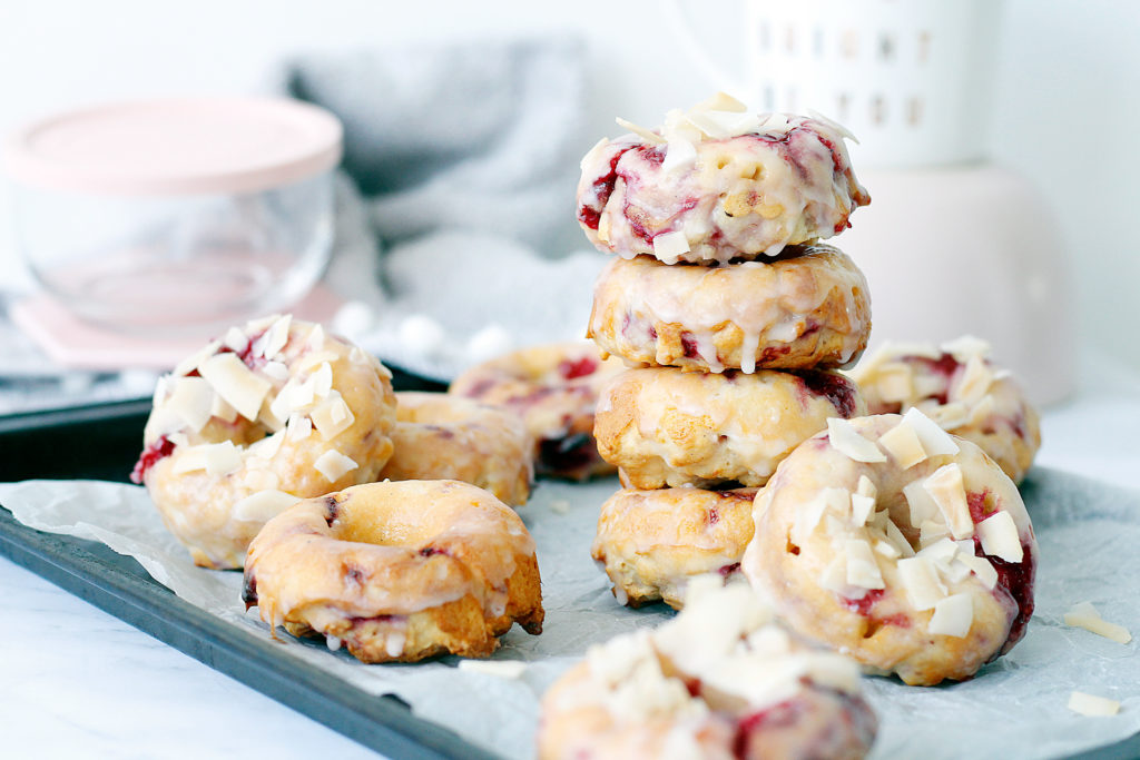 Raspberry and Coconut Baked Doughnuts with a Lemon Glaze