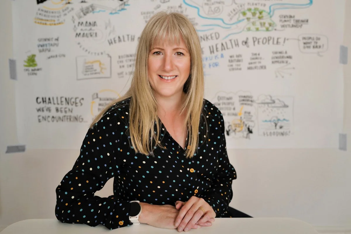 A woman with long blonde hair smiling at the camera, dressed in a black blouse with colorful polka dots, sitting at a white table with a background of a large whiteboard filled with handwritten notes and diagrams about health, infrastructure, and community challenges.