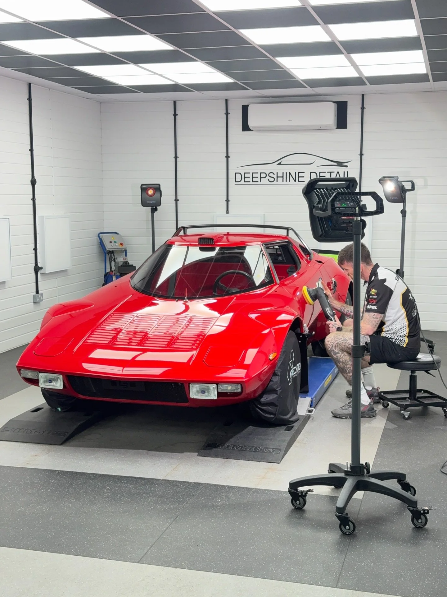 LB Specialist Cars STR receiving a machine polishing process to safely remove a high percentage of surface paint defects and swirling improving gloss levels and adding clarity to the final finish. 
Before & After Images captured after the initia