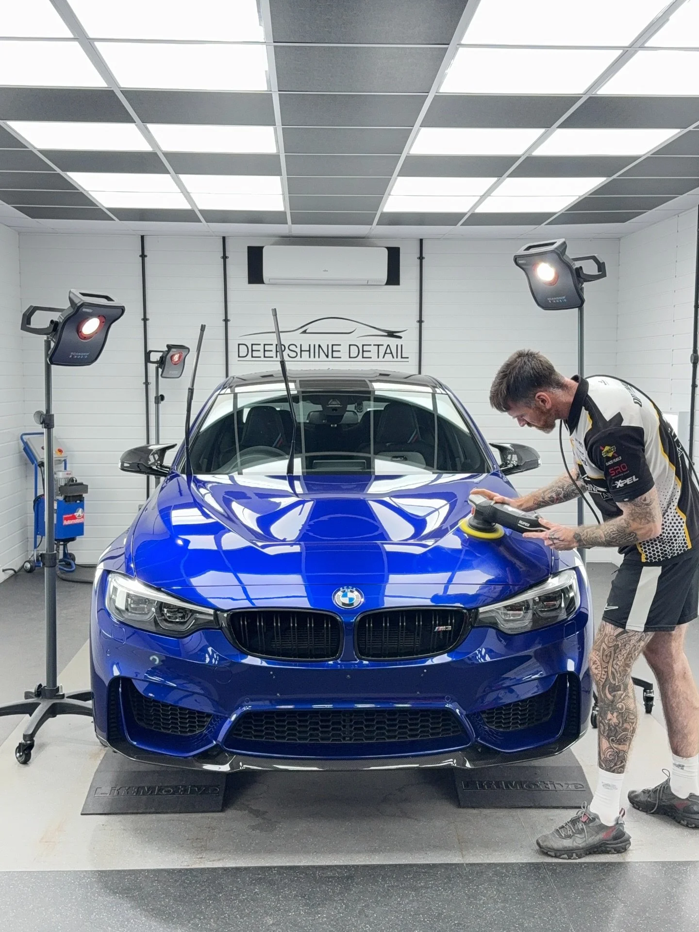 BMW M3 CS receiving a machine polishing process to safely remove a high percentage of surface paint defects and swirling improving gloss levels and adding clarity to the final finish. 
Before & After Images captured after the initial cutting/pol
