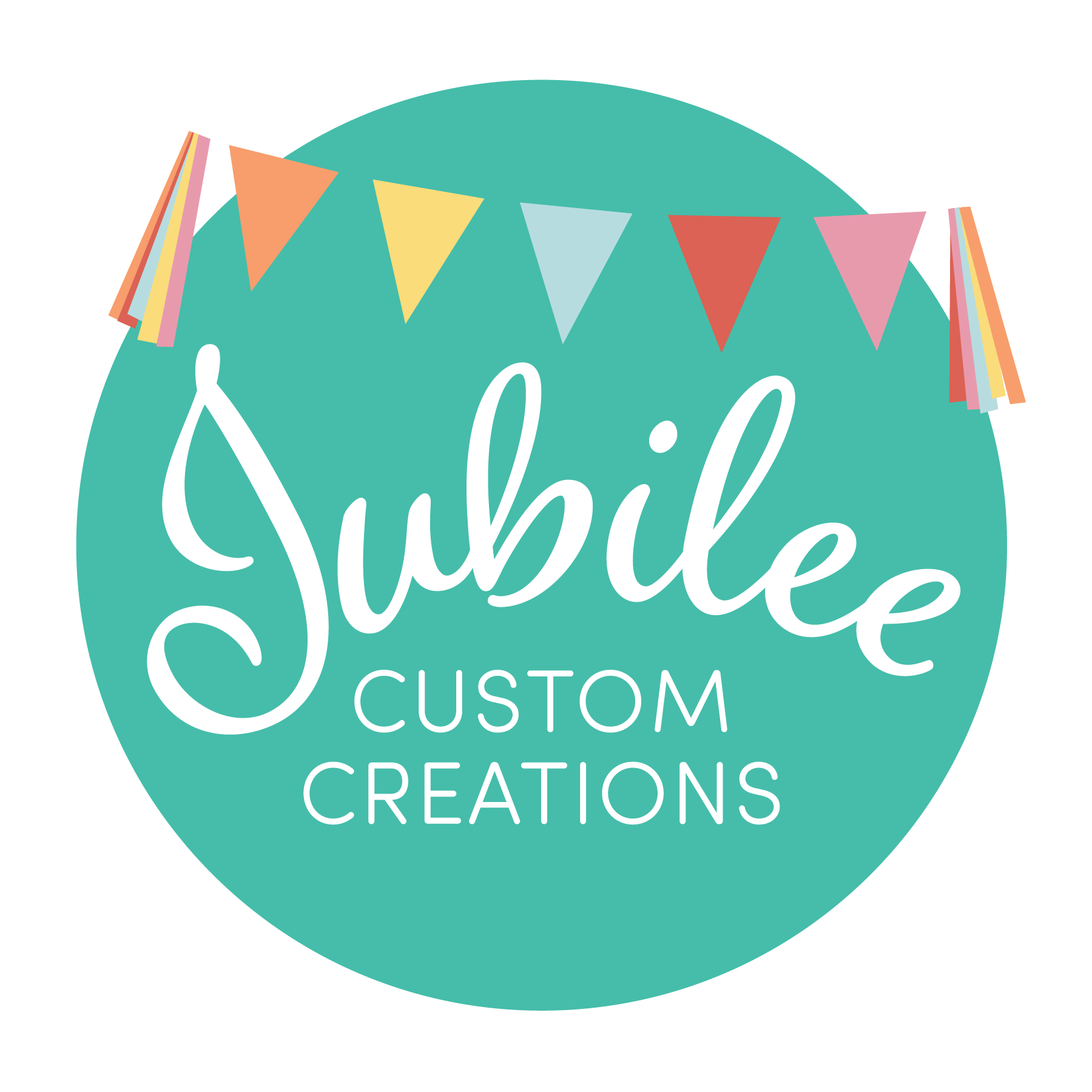 Circular teal logo with colorful bunting flags at the top and the words 'Jubilee Custom Creations' in white, stylized script font.