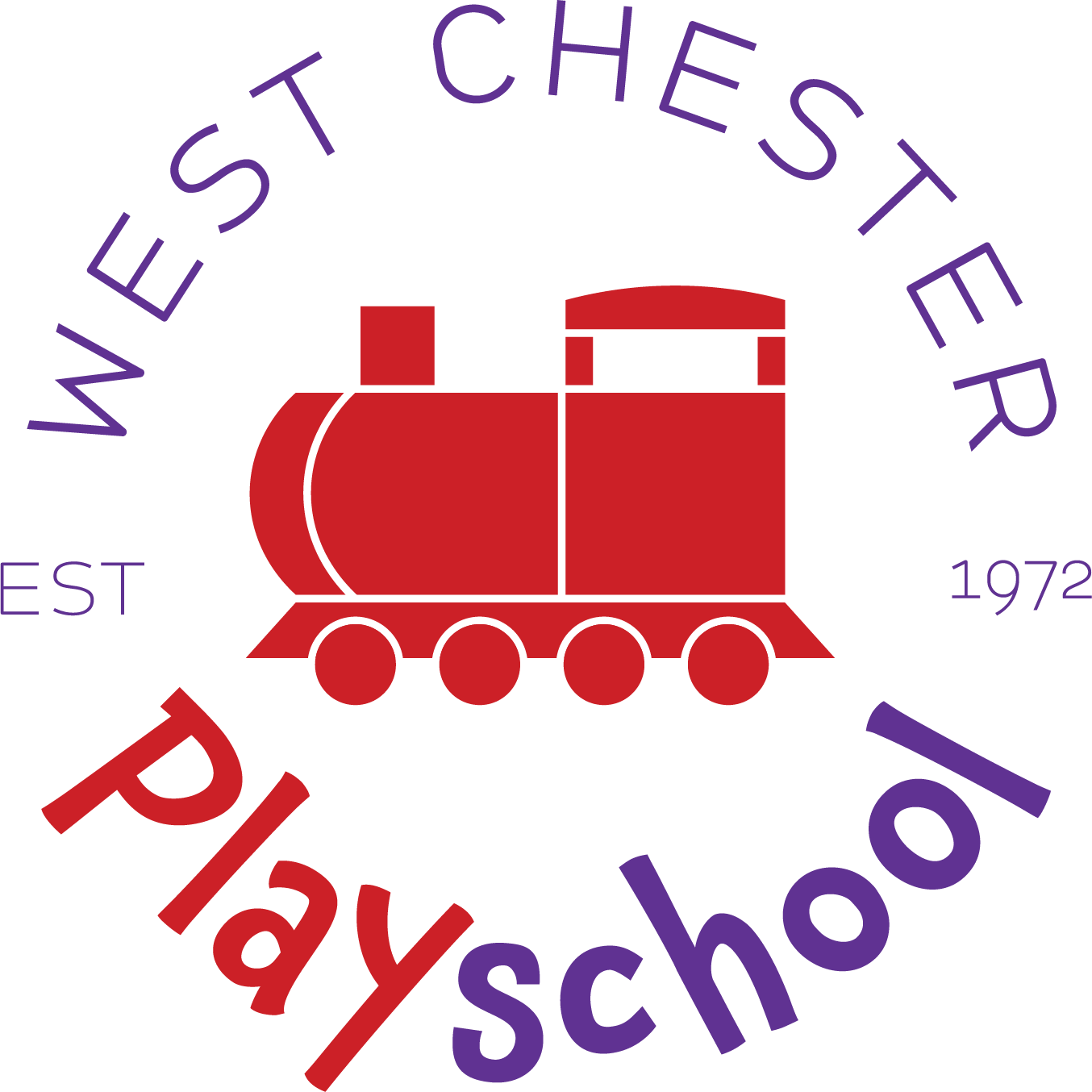 Logo of Weste Chester Playground featuring a red train icon and the text 'Weste Chester' in purple curved around the top, and 'Playground' in purple curved around the bottom, with 'EST 1972' in purple on the sides.