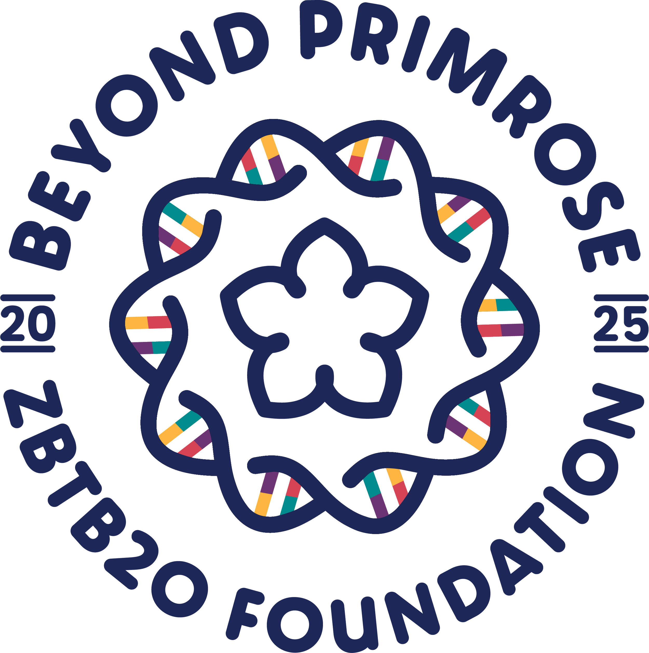 Logo for the Beyond Primrose ZBTB20 Foundation, featuring a stylized flower with an inner bloom and surrounding DNA helix pattern in multiple colors, and text indicating the organization's founding year 2025.