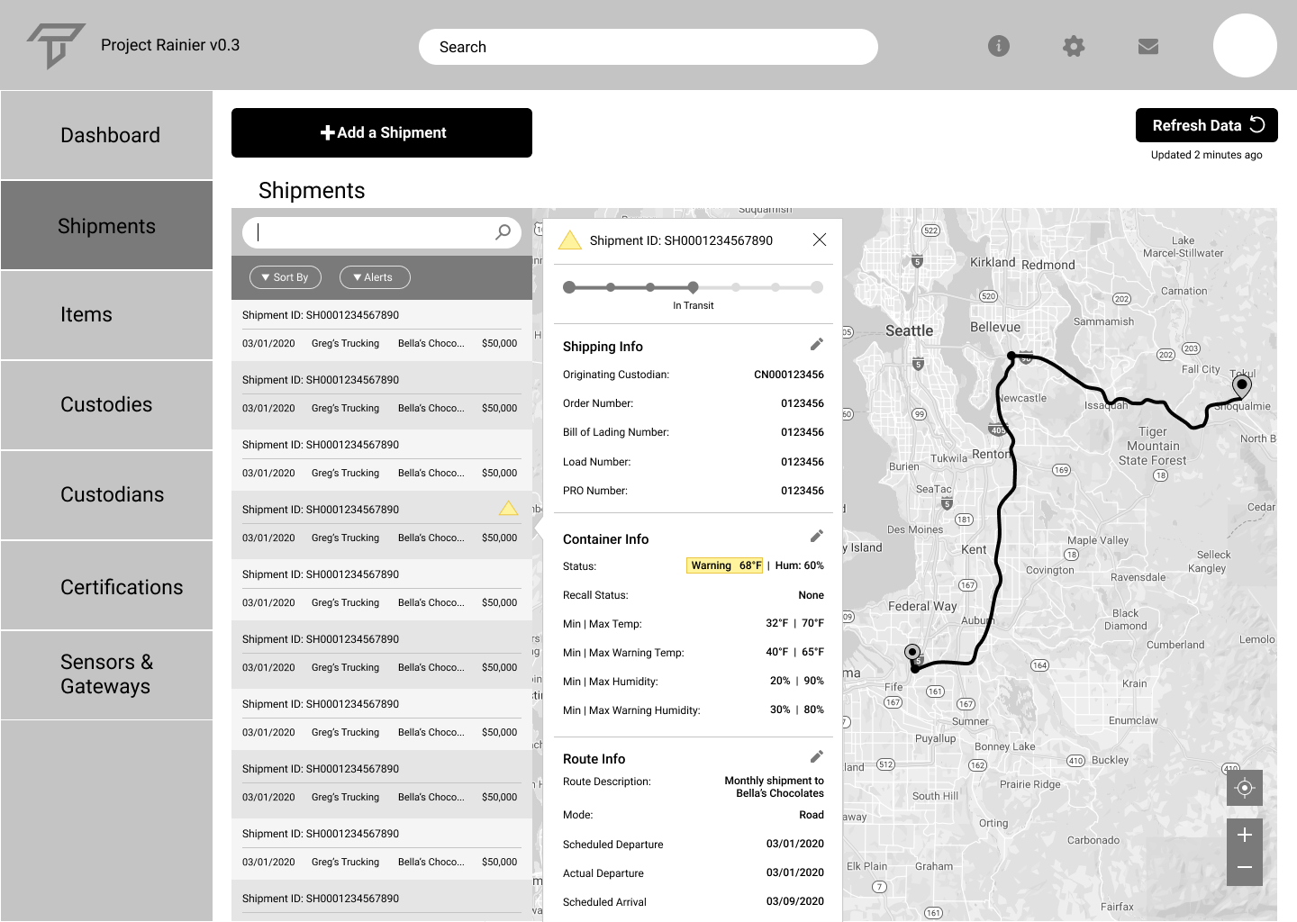 Shipment Details wireframe for real-time tracking