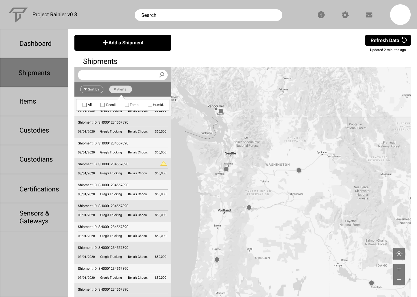 Real-time tracking wireframe on the platform dashboard