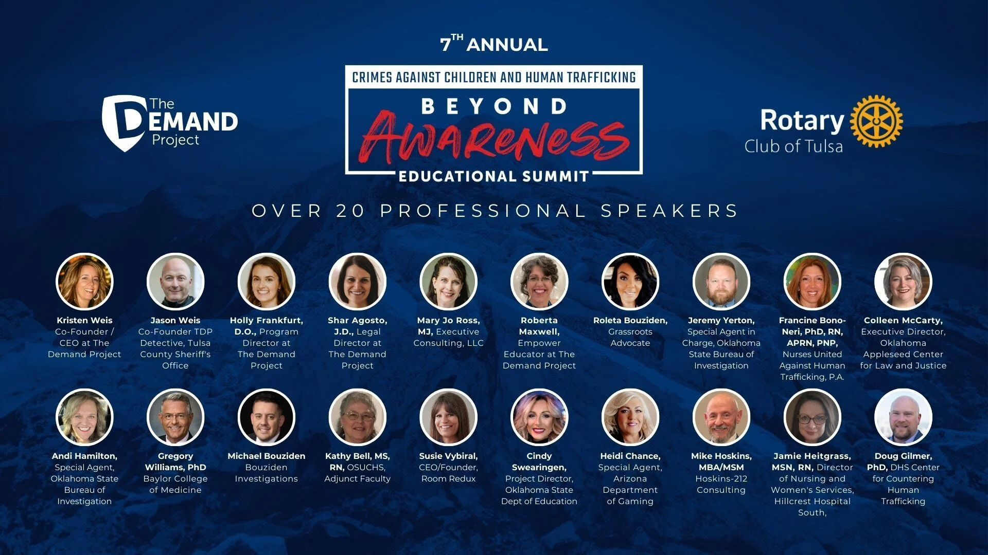 Join us for an impactful event as 27 expert speakers from various corners of the country gather to shed light on the critical issues of human trafficking and child sex trafficking.

Our lineup of experts brings diverse perspectives, experiences, and 