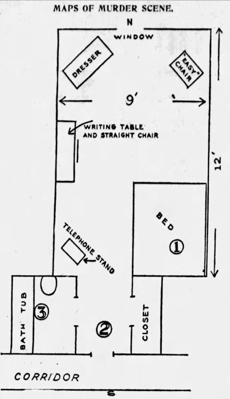 historic floor plan showing Room 1046 murder scene