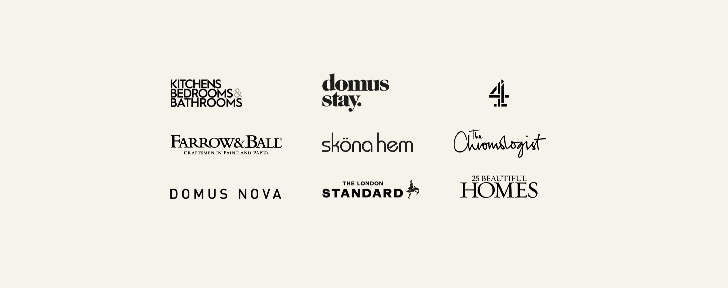 Collection of various home and lifestyle brand logos on a light background, including Kitchens Bedrooms & Bathrooms, Domus Stay, Channel 4, Farrow & Ball, Skona Hem, The Chromologist, Domus Nova, The London Standard, and 25 Beautiful Homes.